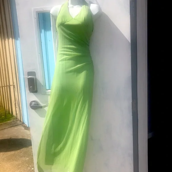 slim fit dress slacks BABARONI Illusion Neckline Lace and Tulle Maxi Dress-Lime Green, Lime Green / US0 main image 0